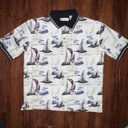 American Summer Polo Shirt Sailboat Print Mens Sz Large Short Sleeve Preowned!!   