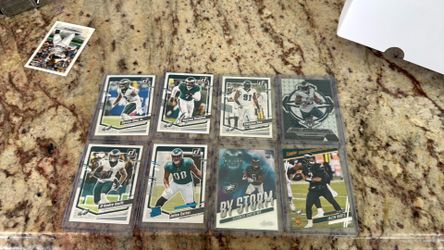 Eagles football cards Jalen Hurts, Darius Slay, Fletcher Cox, Haason Reddick, A.j Brown, DeVONTA Smith, Jalen Carter, and D’andre Swift.