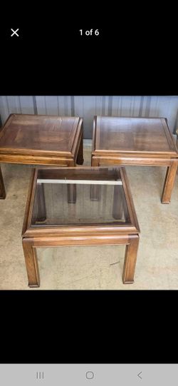 Set of 3 mid century small side tables 1 with glass 1 21x21x16