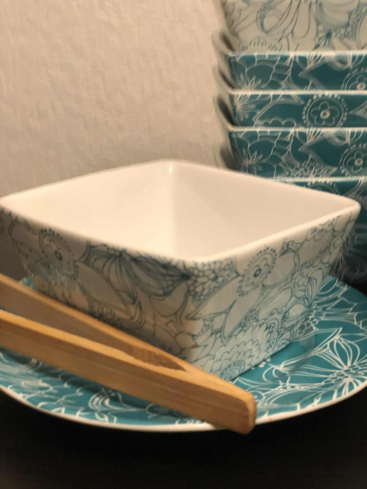 Dishes Lot- 8 Square bowls, 8 plates, Dishes Set Teal and white, floral design