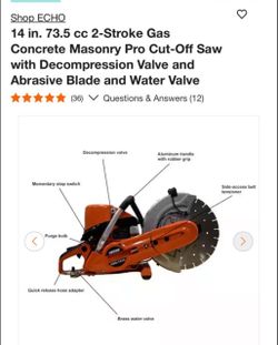 Echo 14 in. 73.5 cc 2-Stroke Gas Concrete Masonry Pro Cut-Off Saw with Decompression Valve and Abrasive Blade and Water Valve new