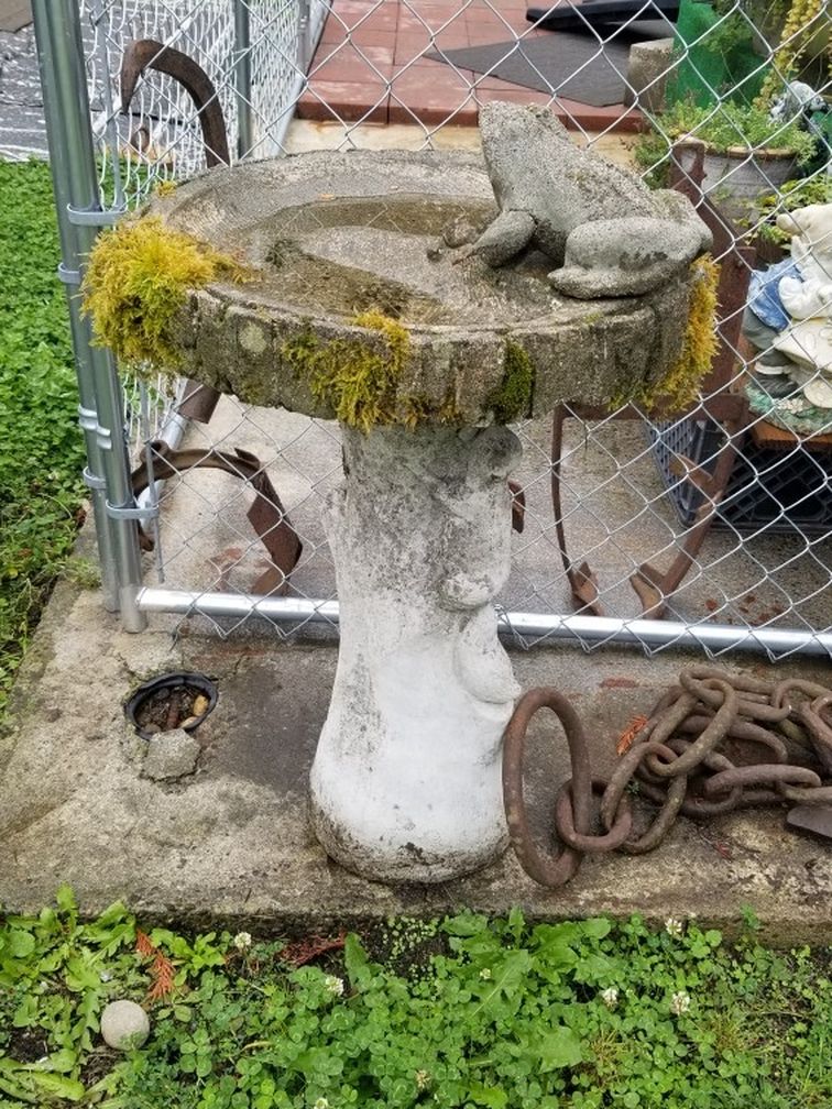 CONCRETE BIRD BATH WITH SQUIRREL AND TOAD