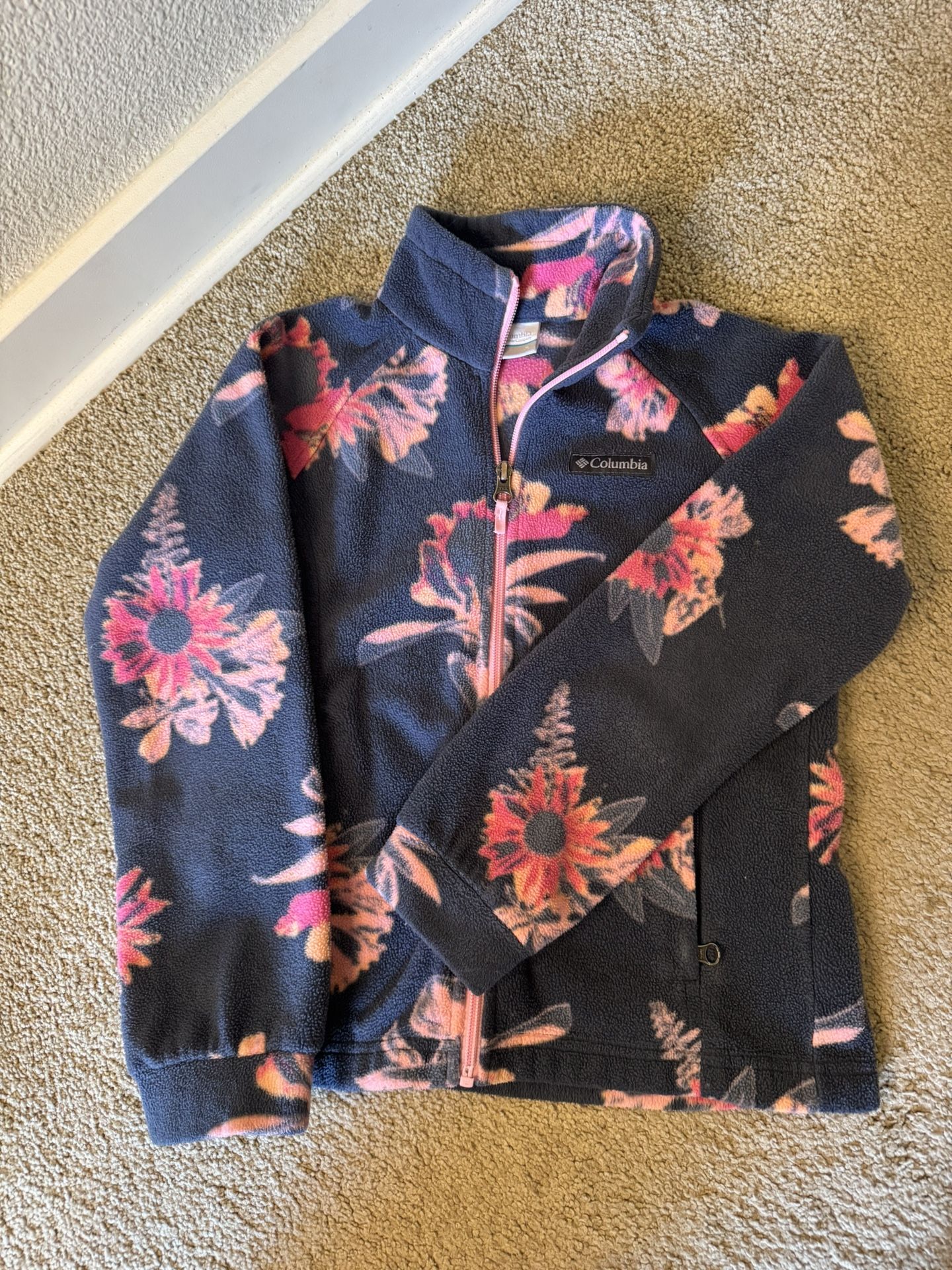 Columbia Girls Floral Fleece Jacket S (7/8) Navy Pink Multicolor Full Zip