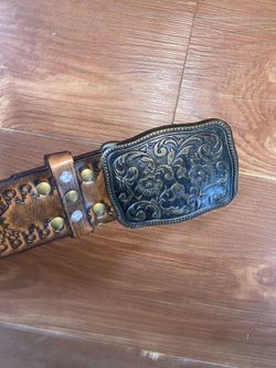 Brown Leather Belt With Reintones and Buckle 36” Long