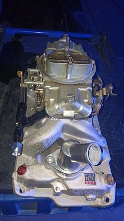 Sbc High Rise Intake With Carb.  Only Used To Crank Engine On Stand