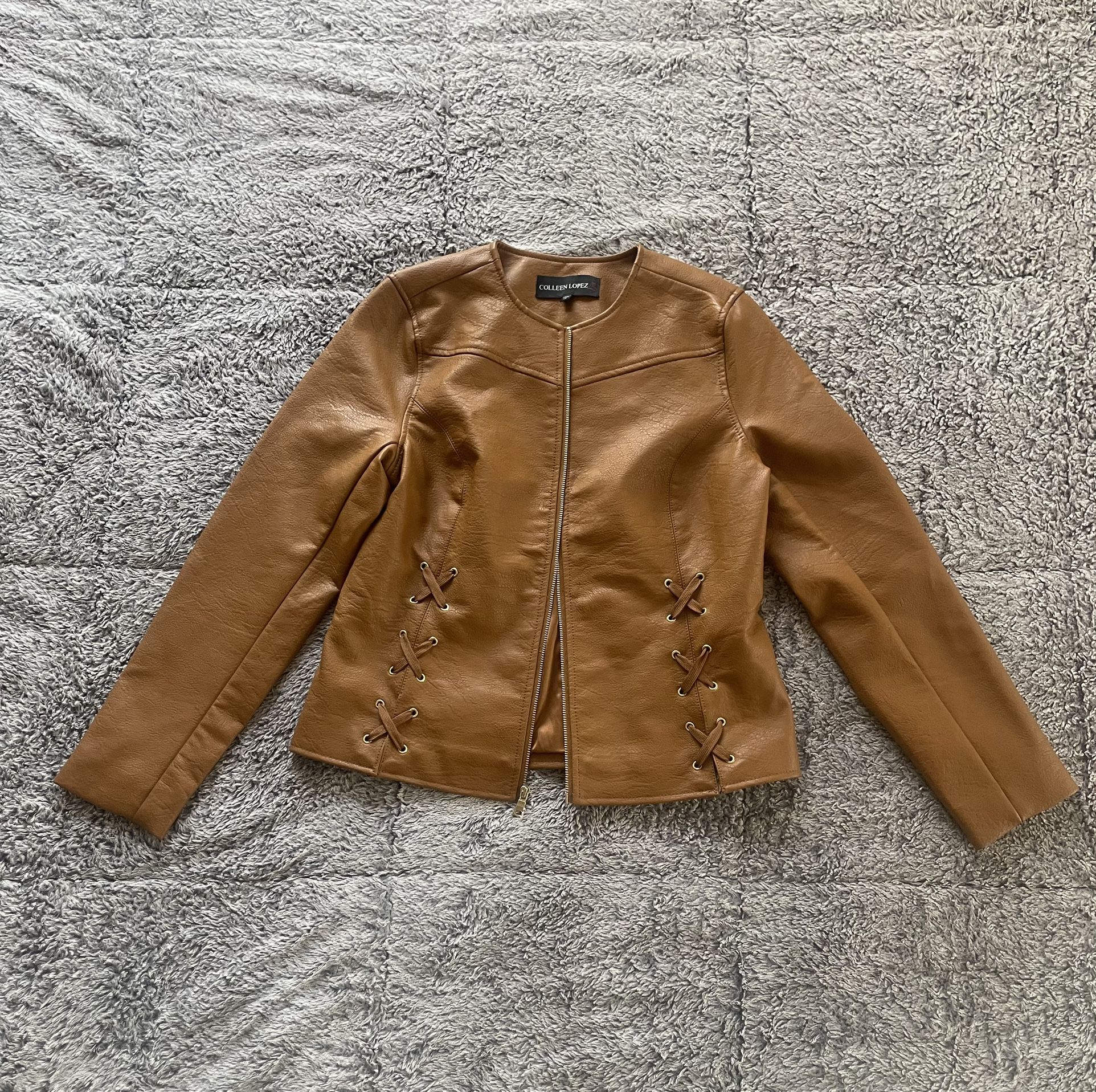 Cognac Faux‐Leather Lace-Up Jacket