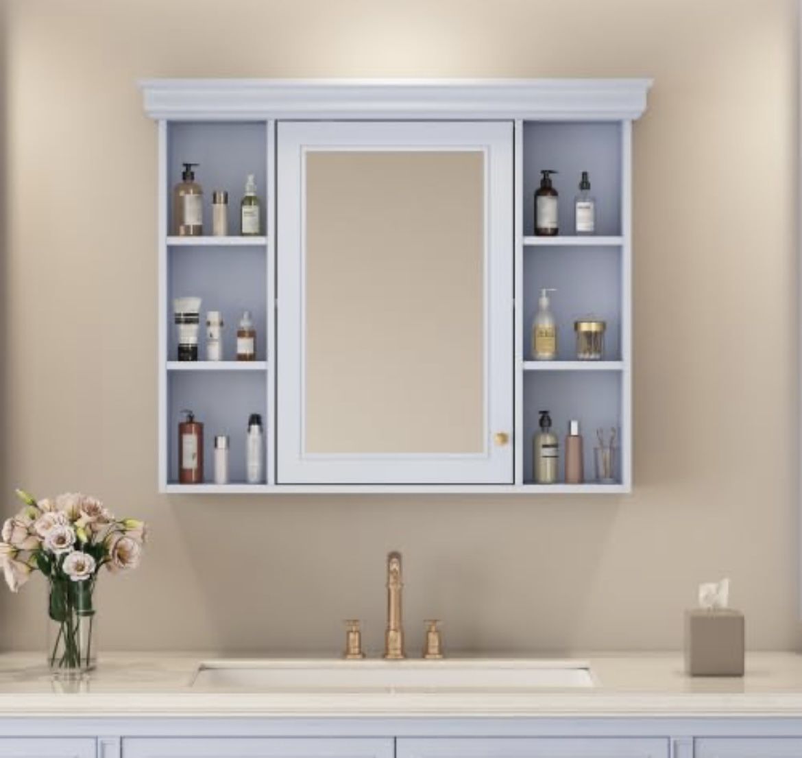 Newly Assembled 35'' x 28'' Blue Wall Mounted Bathroom Storage Cabinet with Mirror Door