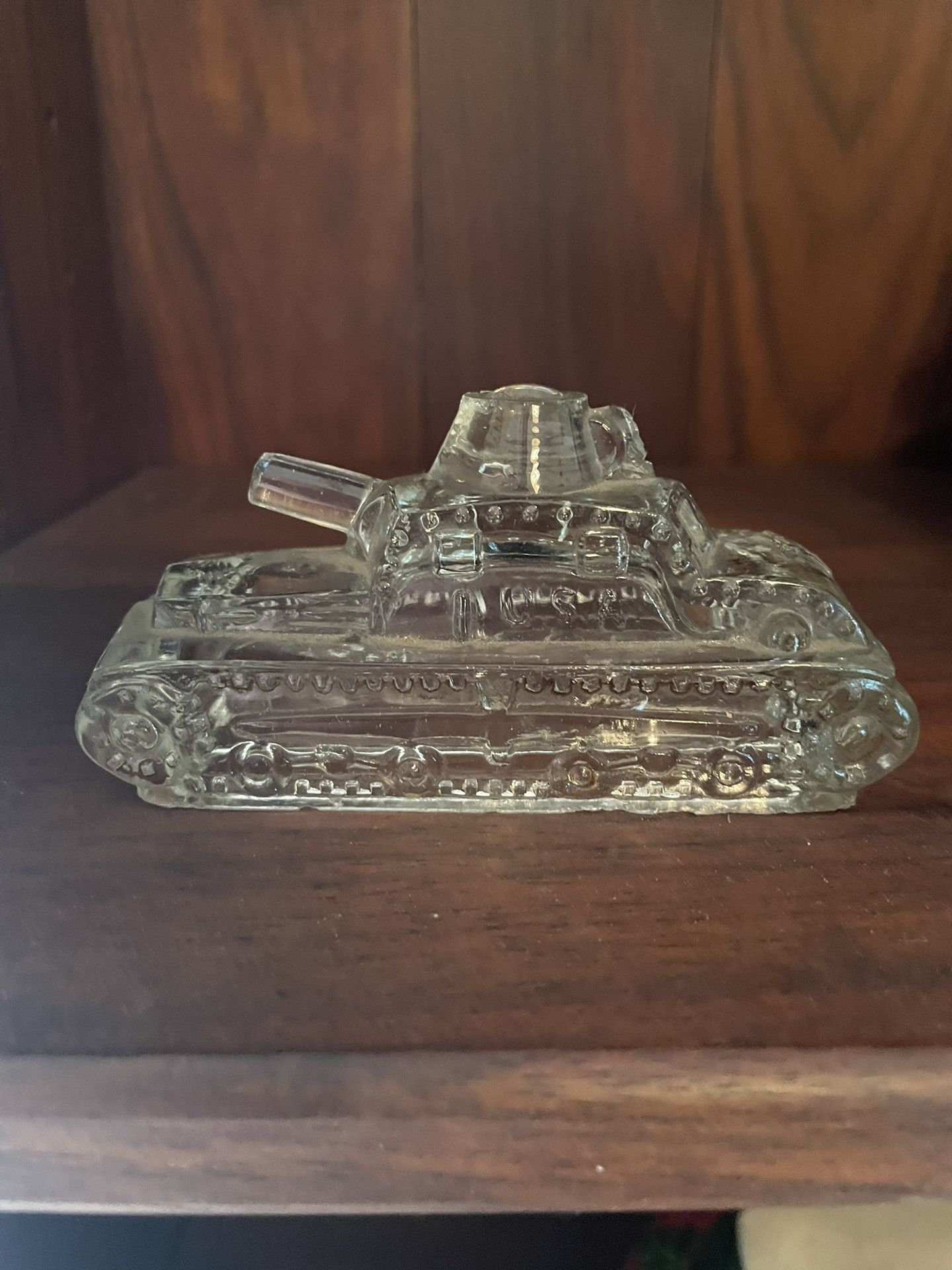 Vintage U.S. WWII Era Tank Glass Candy Container 4”