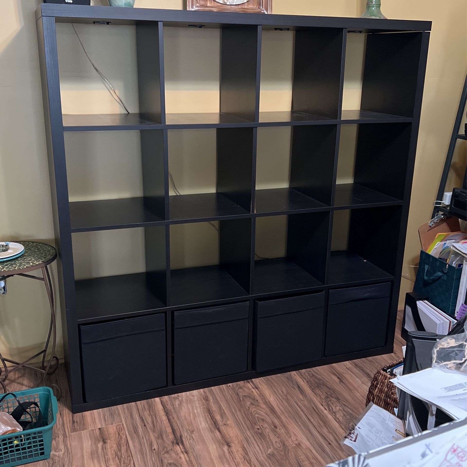 KALLAX 4x4 16 Ikea Cube Bookshelf Black / Brown With 4 cloth Storage Bins