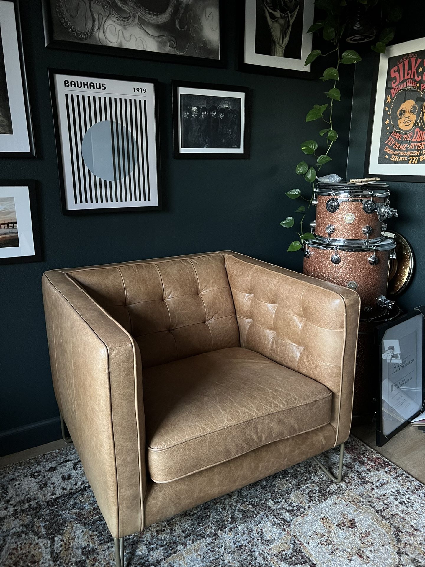 Genuine Top Grain Leather Tufted Tuxedo Arm Chair
