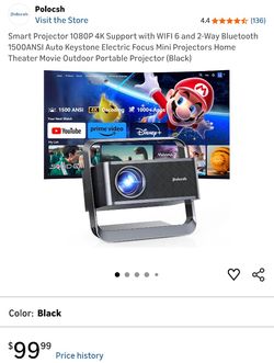 Smart Projector 1080P 4K Support with WIFI 6 and 2-Way Bluetooth 1500ANSI Auto Keystone Electric Focus Mini Projectors Home Theater Movie Outdoor Port