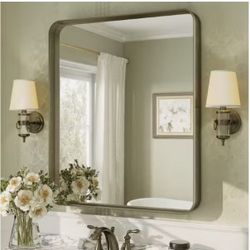 Apmir Rectangular Aluminum Alloy Framed and Tempered Glass Wall Bathroom Vanity Mirror, Brushed Bronze, 30" W x 3". H