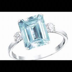 WOMANS 4.6CT. Emerald Cut Natural Brilliant Aquamarine Surrounded By .11 CT Diamonds Set In 925 Sterling Silver Bridal EngagementRing 
