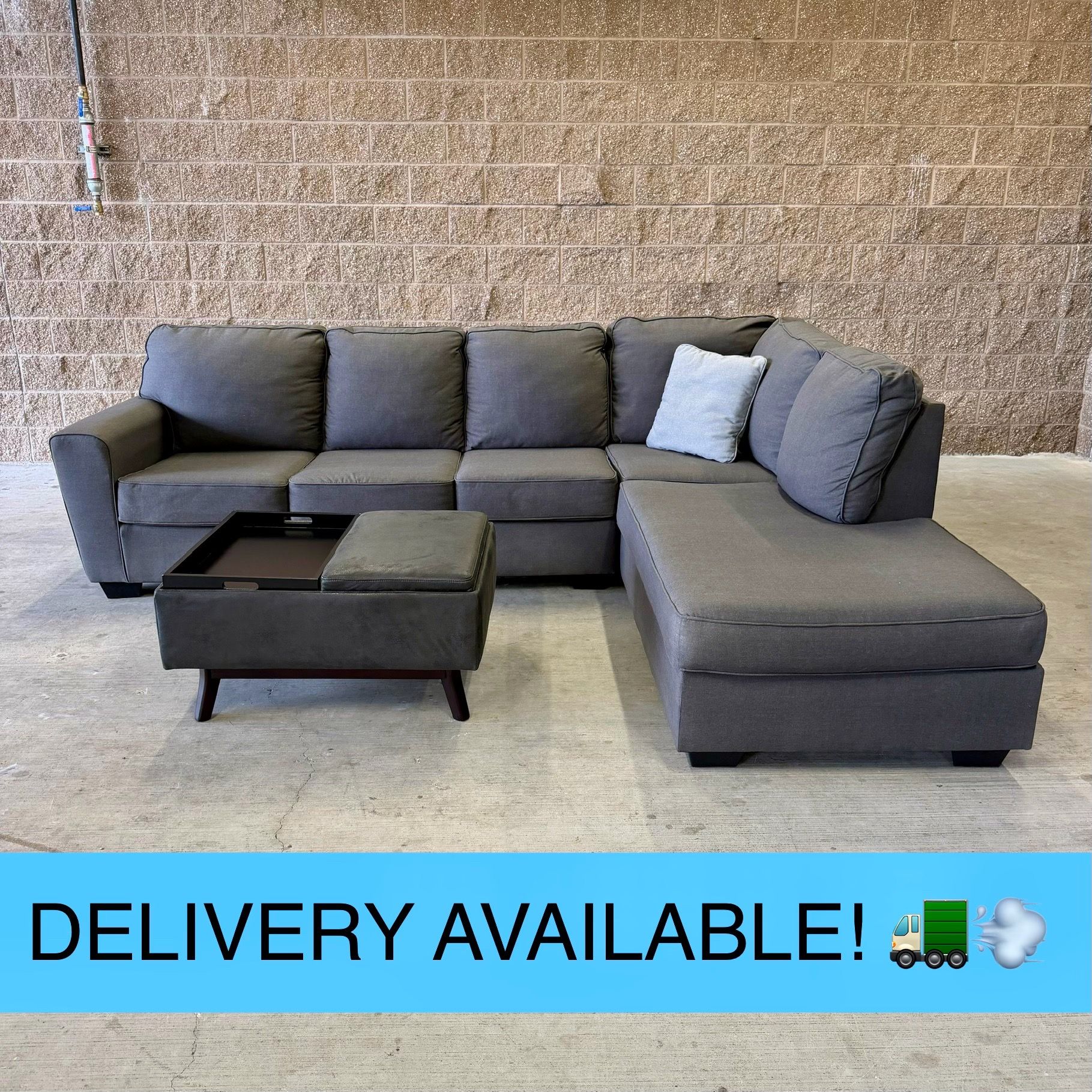 Gray Ashley L‑Sectional w/Storage Ottoman, Tray, Reversible Lids – Clean w/ Washable Covers – Delivery Available