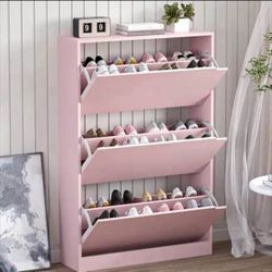Modern Pink Shoe Storage Cabinet with 3 Flip Drawers Slim Entryway