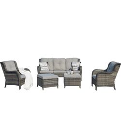  5 Piece Rattan Patio Conversation Sectional Sofa Set with 1 Couch,2 Armchairs,2 Ottomans for Porch Deck Garden(Mixed Grey/Grey)