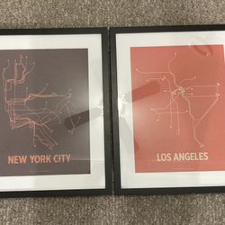 NY & LA Subway Line Posters – Framed, 17¼” x 21¼”, Travel/City Decor