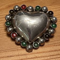 Mexico Silver 925 Colorful Heart Brooch/Pendant