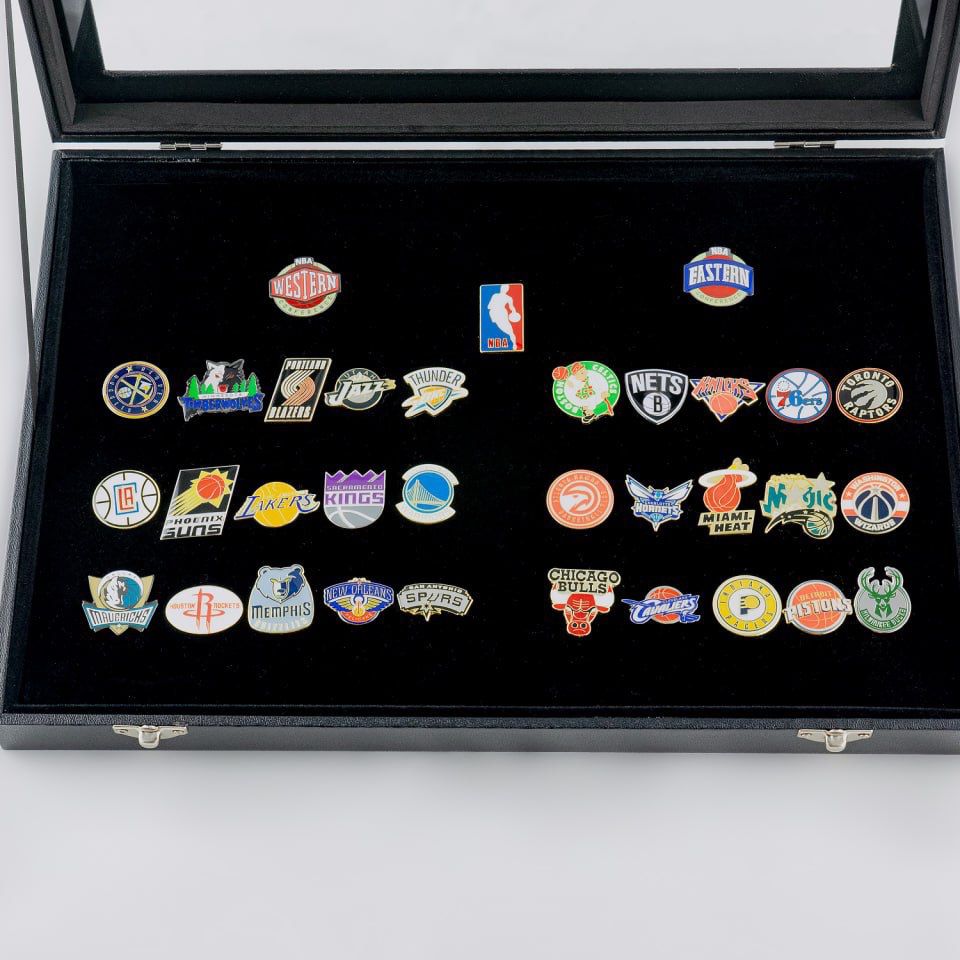 PinMe! NBA Basketball Lapel Pins Collection with Glass Display and Stylish Black Box – The Ultimate Gift for Basketball Enthusiasts