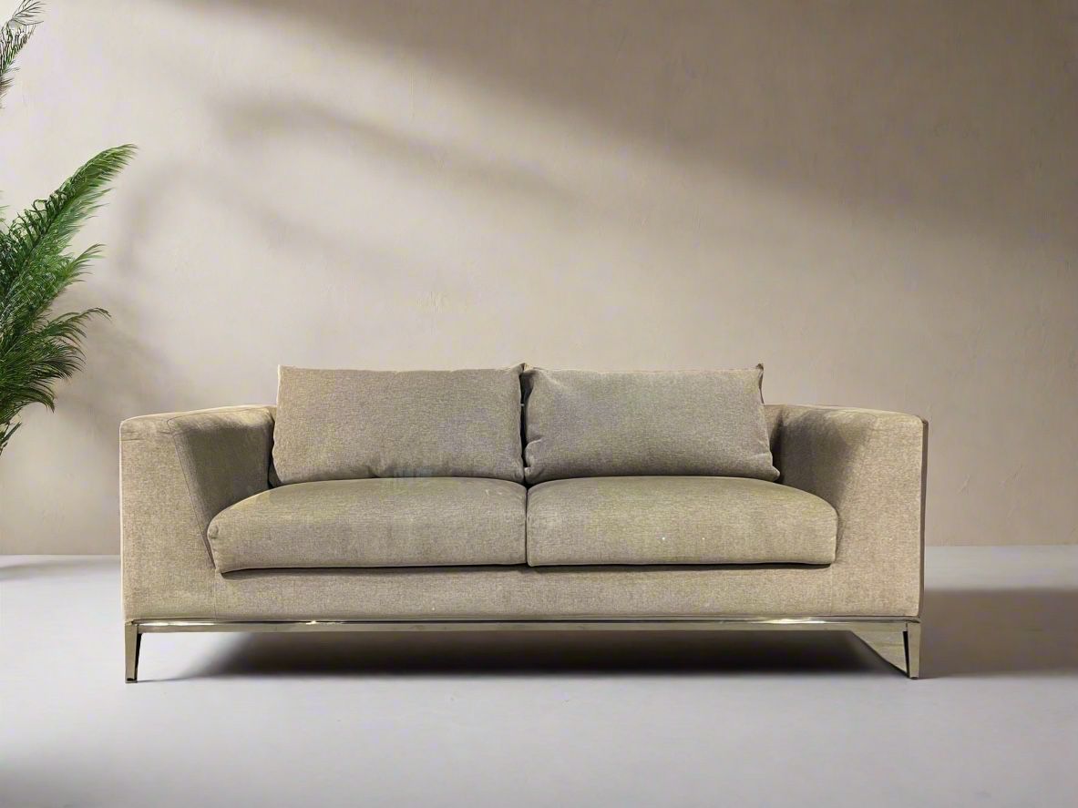 Halston Home Contemporary Sofa – 84” Tan Linen Fabric, Deep Cushions, Steel Base, Modern Couch