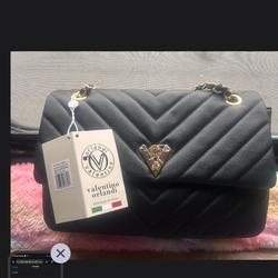 Valentino Orlandi Black Quilted Chevron Flap Bag V-3009 | Gold Hardware Chain Strap | NWT | Designed in Italy