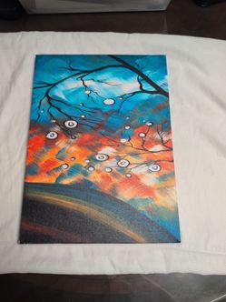 An acrylic canvas painting featuring a vibrant, stylized landscape.