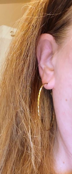 Three Pair Hoop Pierced Earrings for Women, Goldtone, Red Enamel, Coppertone.