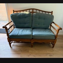 Vintage Wood Bench/ Loveseat With Cushions Ethan Allen