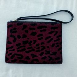 Black leather and burgundy haircalf leather with black leopard print wristlet, wallet 