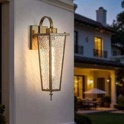 Outdoor Wall Light, Vintage Gold Waterproof Exterior Lantern Sconce with Textured Clear Glass