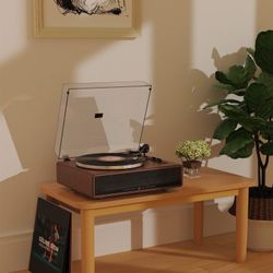 1 BY ONE Vinyl Record Player with Built-in Speakers, Bluetooth Turntable with AT-3600L Cartridge & Phono Preamp, 2-Speed Belt Drive, RCA Out & Aux-in,