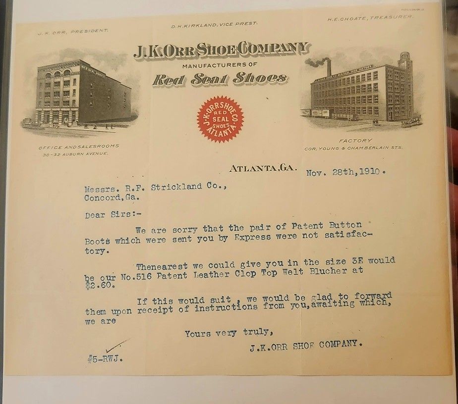 1910 Atlanta J.K. Orr Shoe Company Letter To Client