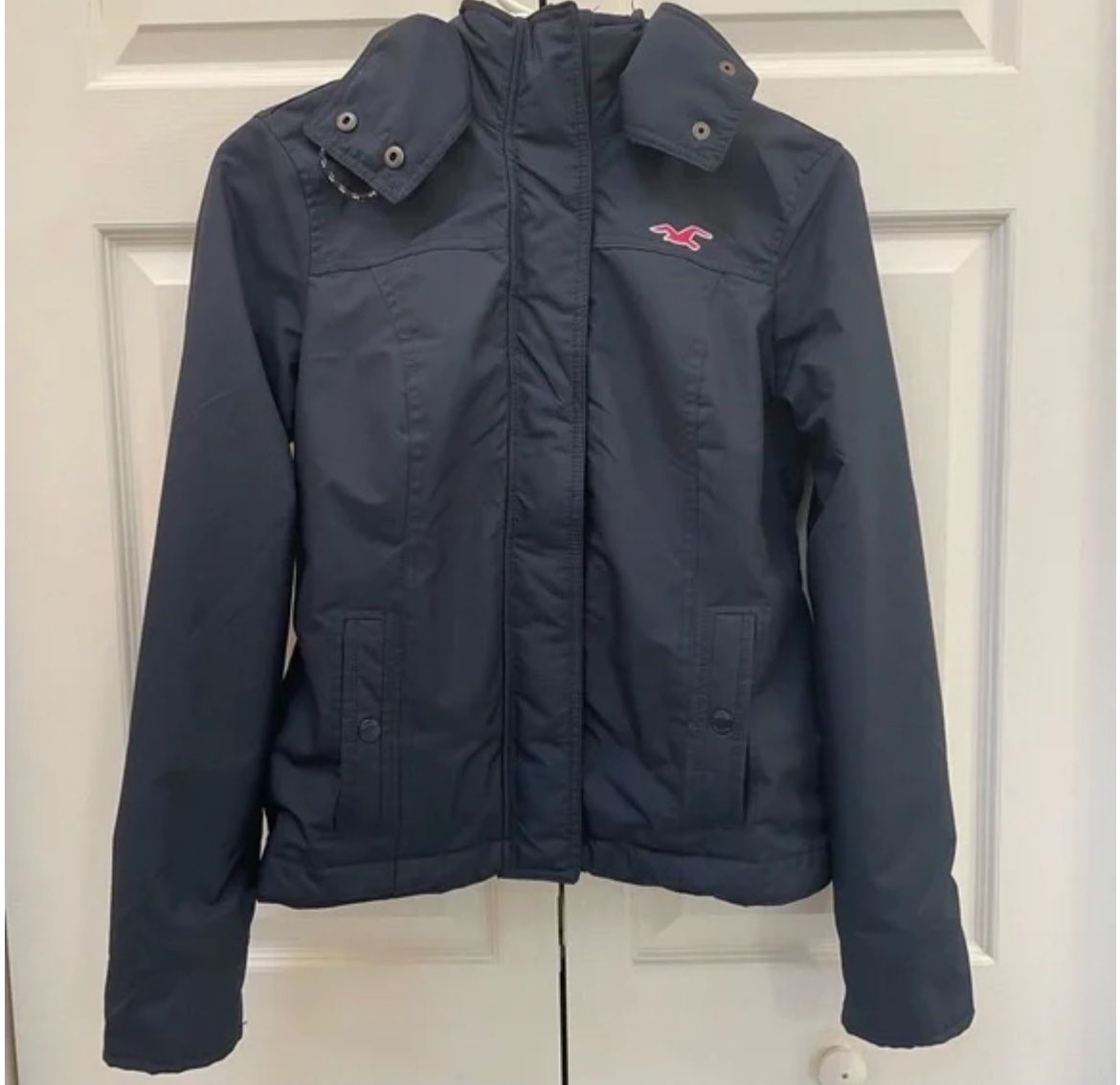 Hollister Jacket Women’s SMALL All Weather Hooded Navy Blue Pink Fleece Lined