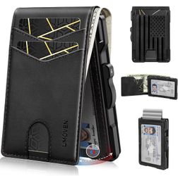 Wallet for Men Minimalist RFID‑Blocking Slim Leather Card Holder Cash Slot Front pocket bifold metal card holder, pop up leather wallet, ID window, ma