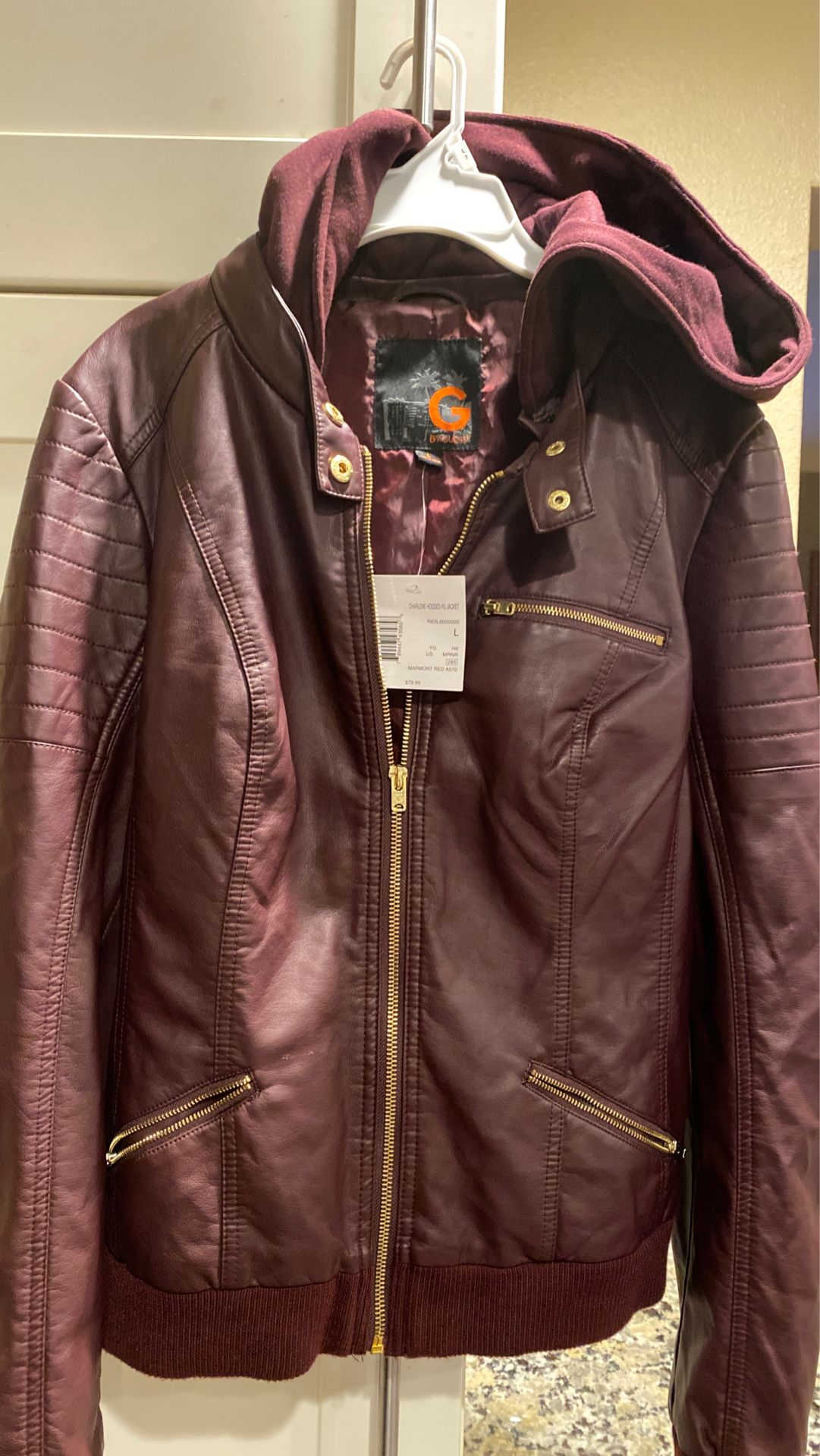 NEW- Guess burgundy faux leather size L hoodie jacket