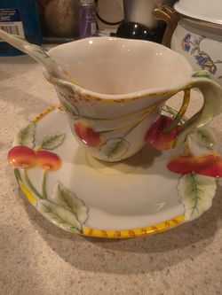 Cherry-Blossom Cup, Saucer & Spoon Set, Majolica Style