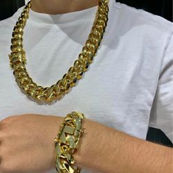 SET CHAIN & BRACELET Miami Cuban Link Gold Plated Chain High Quality Necklace 
