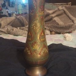 Rare Vintage Indian Etched Hand Painted Brass Vase