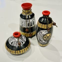 Terracotta Warli Handpainted Pots Red Set Of 3!🏺