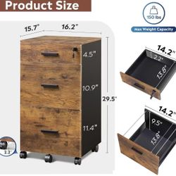 ✌️ 3 Drawer Rolling File Cabinet with Lock, Wood Filing Cabinet fits Letter / A4 Size for Office, Rustic Brown