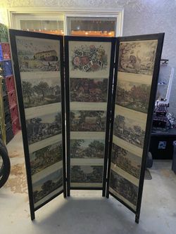 vintage 3-panel folding room divider featuring wood frames lined with reprints of Currier & Ives lithograph prints.  Design: The divider is decorated 