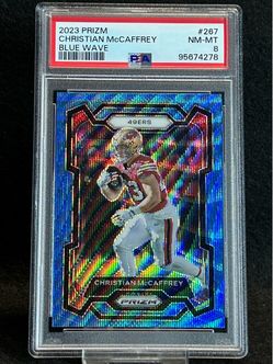 2023 Prizm 💥 Christian Mccaffrey 💥 Blue Wave 128/199 PSA 8 NM-MT 💎 - San Francisco 49ers