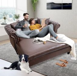 NEW Brown PU Faux Leather 63" Loveseat Chaise Lounge Couch with 2 Pillows, Upholstered PU Leather Loveseat Chaise Sofa 2-Person with Tufted Back