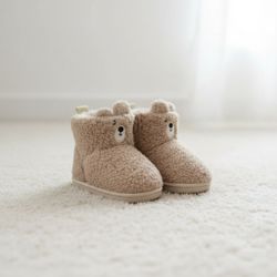 Cozy Winter Sherpa Fleece Bootie Slippers, Plush Lined Indoor House Bear Shoes for Toddlers, Beige