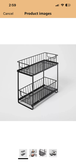 Two Tiered Slide Out Organizer, Black Metal, 14.5 x 6.75 x 15 Inches, Rectangular Storage Rack with Mesh Construction