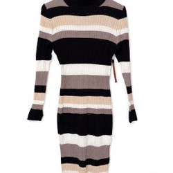 Neutral Stripe Ribbed Turtleneck Midi Dress