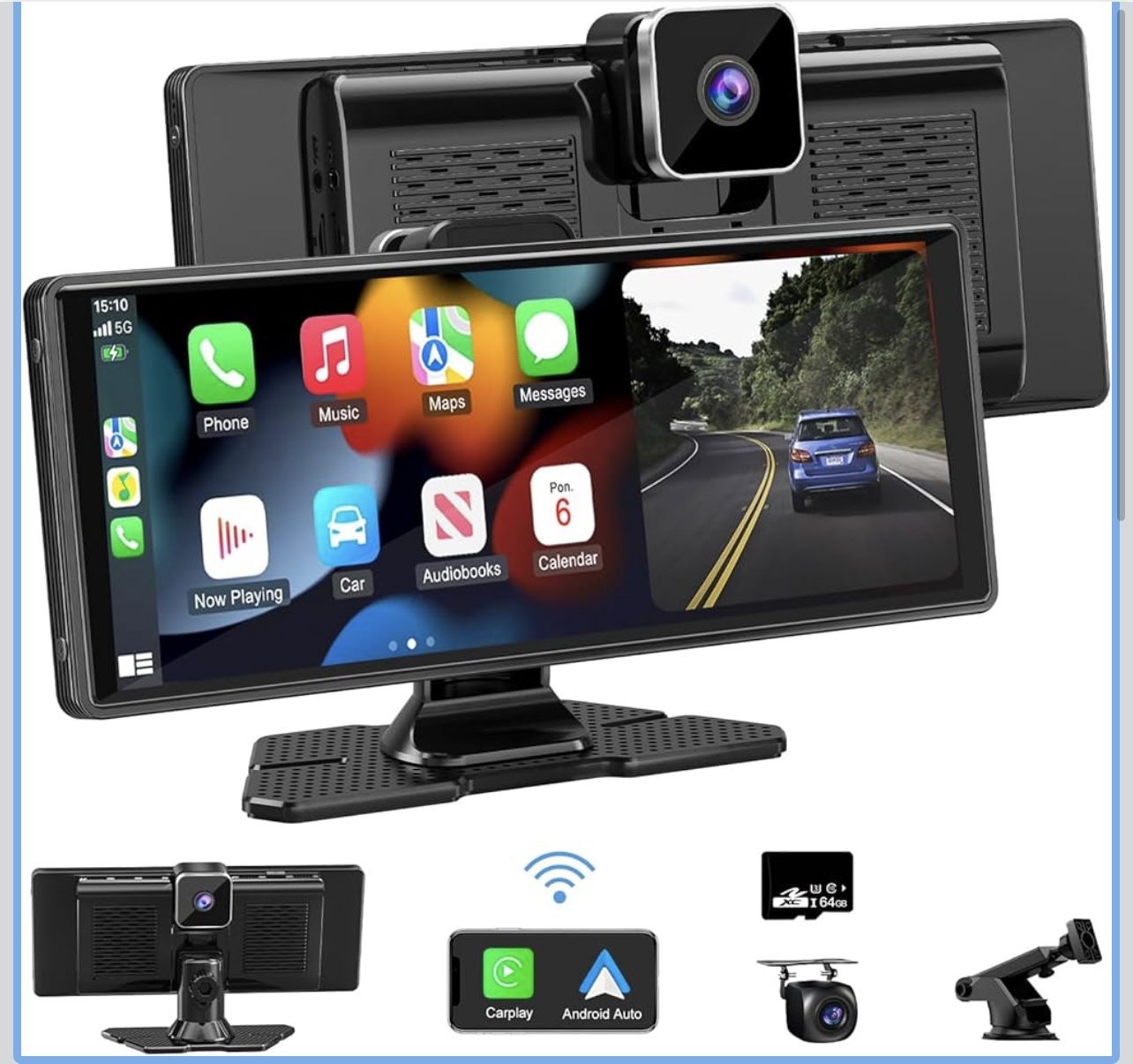 10.26″ Wireless CarPlay & Android Auto Screen w/ 4K Dash Cam + 1080p Rear Camera 