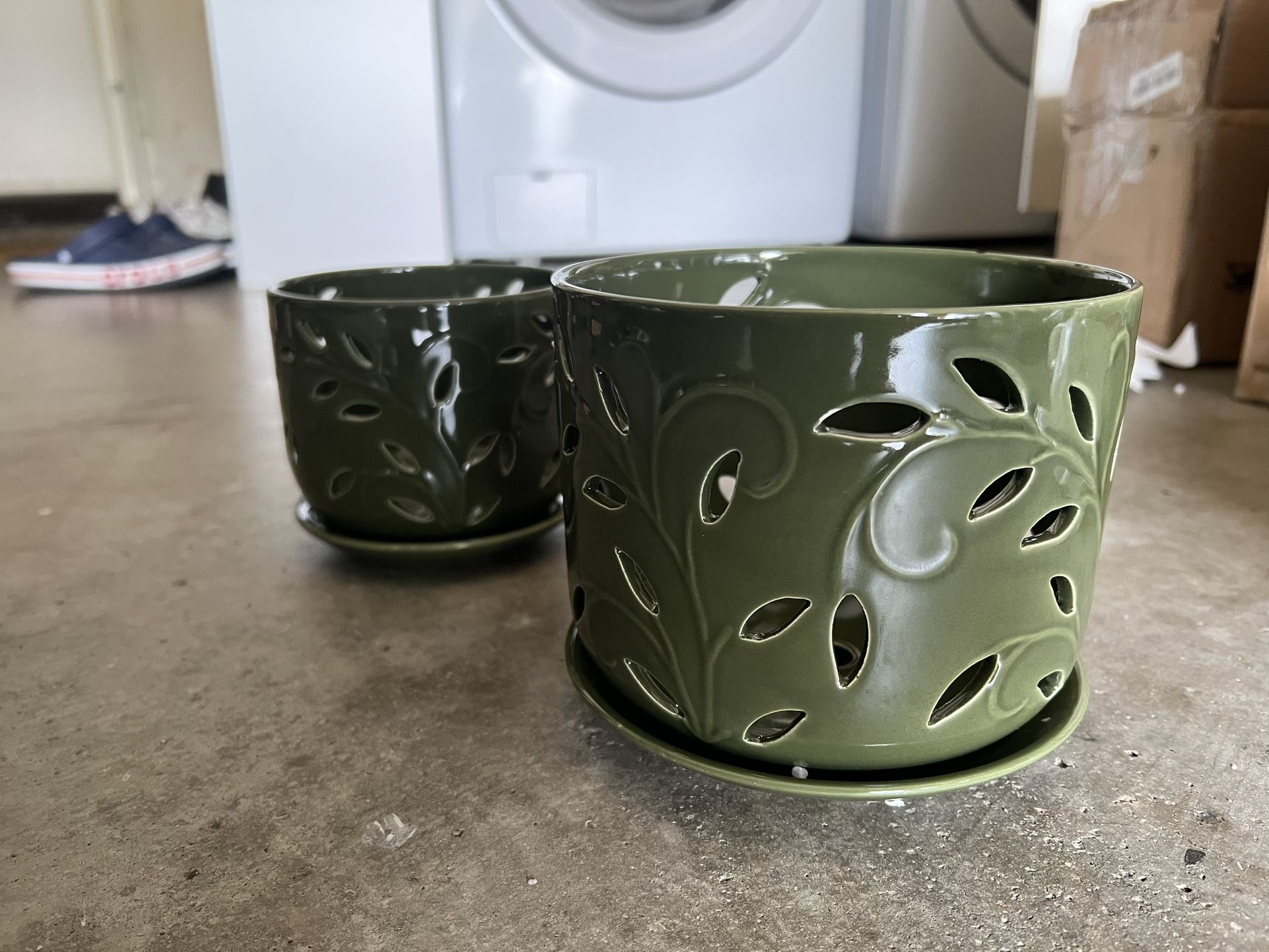 Green Orchid Plant Pots Ceramic With Drainage Hole And Tray