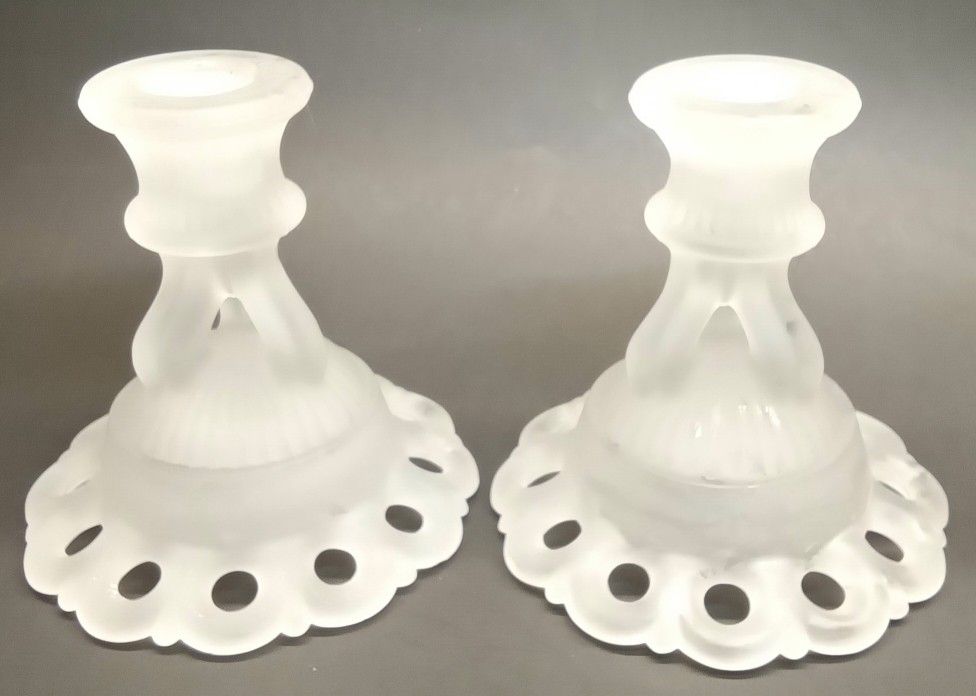 VTG Westmoreland Mist Satin Glass Doric Laced Edge Pair Taper Candlesticks