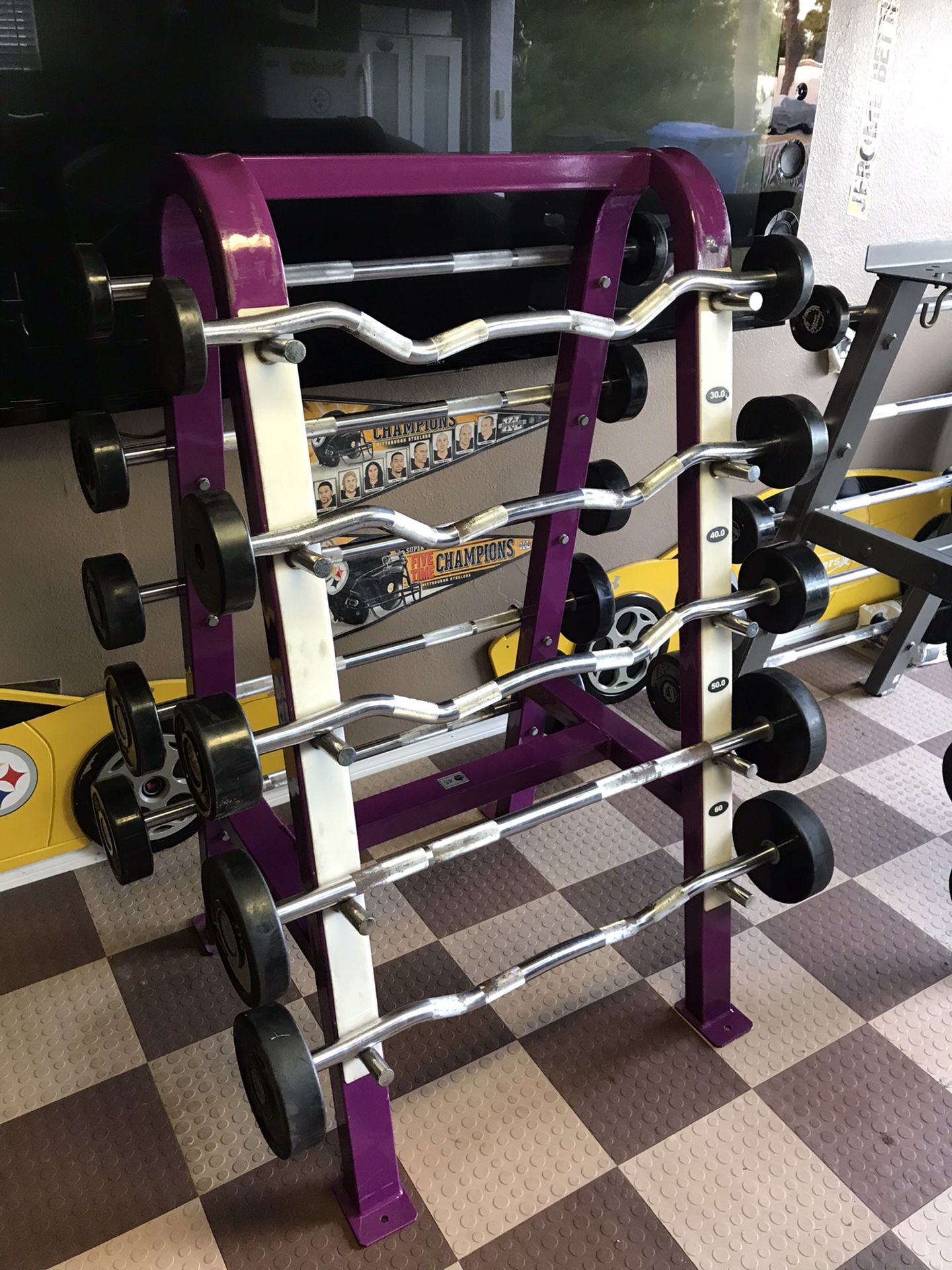 Rubber Straight & EZ Curl Barbell Set With Rack